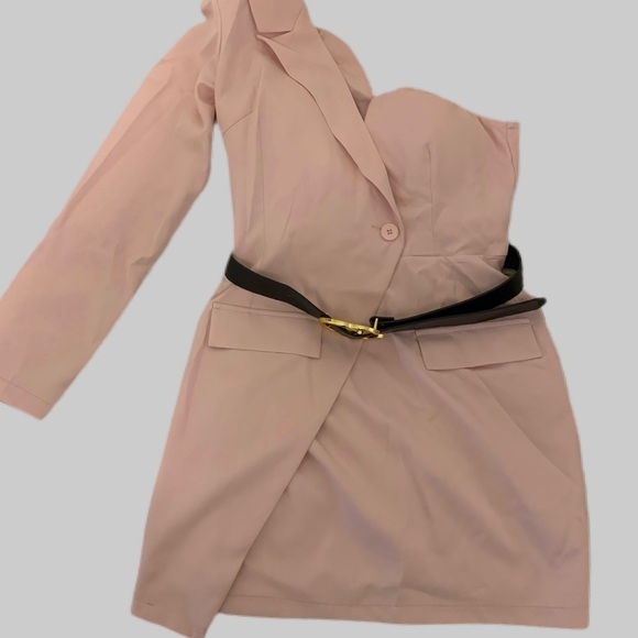 Women’s Pink Asymmetric Sleeve Belted Blazer Dress - Picture 3 of 3